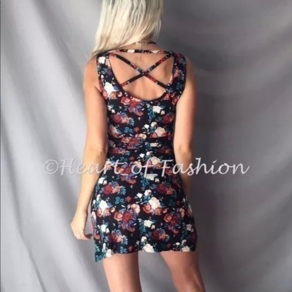 Black Floral Print Crisscross Back Casual Dress S